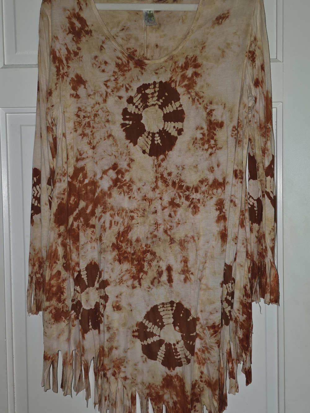 India Boutique Rust and Cream Tie-Dye Fringe Tunic Top